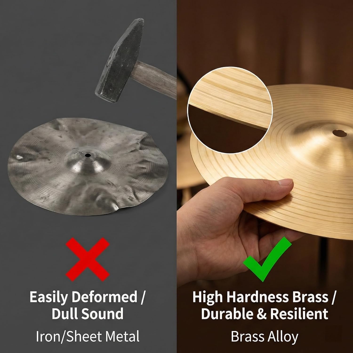 Veemoon 10 Inch Brass Cymbal Replacement, Splash Cymbal for Drum Set Crash Cymbals Ride Drum Instrument Percussion Accessories Drum Kit for Beginner Player Percussion Practice & Students (Golden) - Image 6